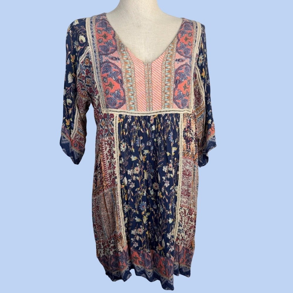 Sundance My Favorite Dress Patchwork Tunic Floral Paisley 3/4 Sleeve Small Pet